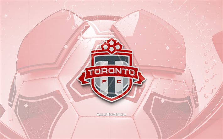 トロント fc の光沢のあるロゴ, 4k, 赤いサッカーの背景, mls, サッカー, カナダのサッカークラブ, トロント fc の 3d ロゴ, トロント fc のエンブレム, トロントfc, フットボール, スポーツのロゴ, トロント fc のロゴ, fcトロント