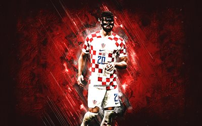 josko gvardiol, kroatiens fotbollslandslag, qatar 2022, kroatisk fotbollsspelare, försvarare, röd sten bakgrund, kroatien, fotboll
