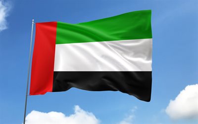 flagge der vereinigten arabischen emirate am fahnenmast, 4k, asiatische länder, flagge der vereinigten arabischen emirate, gewellte satinfahnen, nationale symbole der vae, tag der vae, flagge der vae, vereinigte arabische emirate, vae