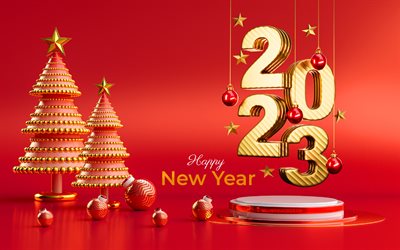 2023 feliz año nuevo, 4k, árbol de navidad 3d, dígitos dorados en 3d, 2023 año, obra de arte, 2023 conceptos, 2023 dígitos 3d, feliz año nuevo 2023, dígitos colgantes, 2023 fondo rojo, decoraciones de navidad