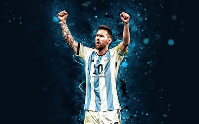 4k, Lionel Messi, hands up, Qatar 2022, Argentina National Football Team, blue neon lights, soccer, footballers, blue abstract background, Leo Messi, Argentinean football team, Lionel Messi 4K