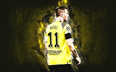 marco reus, borussia dortmund, bvb, saksalainen jalkapalloilija, keltainen kivi tausta, bundesliiga, saksa, jalkapallo, grunge taidetta