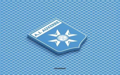 4k, AJ Auxerre isometric logo, 3d art, French football club, isometric art, AJ Auxerre, blue background, Ligue 1, France, football, isometric emblem, AJ Auxerre logo