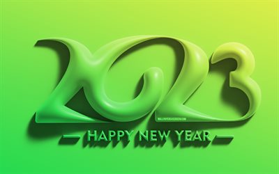 2023 Happy New Year, 4k, green 3D digits, minimalism, 2023 concepts, creative, 2023 3D digits, Happy New Year 2023, 2023 green background, 2023 year