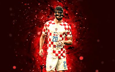 Josko Gvardiol, 4k, red neon lights, Croatia National Team, soccer, footballers, red abstract background, Croatian football team, Josko Gvardiol 4K