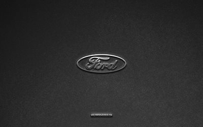 Ford logo, cars brands, gray stone background, Ford emblem, popular logos, Ford, metal signs, Ford metal logo, stone texture