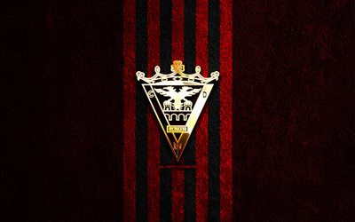 CD Mirandes golden logo, 4k, red stone background, La Liga 2, spanish soccer club, CD Mirandes logo, soccer, CD Mirandes emblem, LaLiga2, CD Mirandes, football, Mirandes FC
