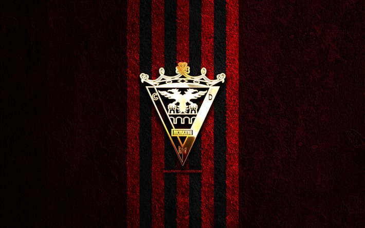 cd ミランドの金色のロゴ, 4k, 赤い石の背景, ラ リーガ 2, スペインサッカークラブ, cd ミランデスのロゴ, サッカー, cdミランドのエンブレム, ラ・リーガ2, cd ミランデス, フットボール, ミランデス fc