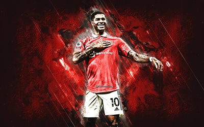 Marcus Rashford, Manchester United FC, portrait, english football player, forward, red stone background, Premier League, England, football