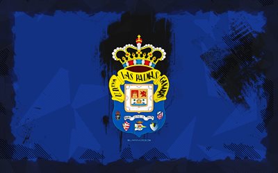 شعار ud las palmas grunge, 4k, لاليجا, خلفية الجرونج الأزرق, كرة القدم, شعار ud las palmas, ud لاس بالماس, نادي كرة القدم الأسباني, لاس بالماس
