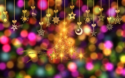 شجرة عيد الميلاد مجردة, 4k, مبدع, خلفية عيد الميلاد الملونة, سنة جديدة سعيدة, النجوم, عيد ميلاد مجيد, شجرة عيد الميلاد