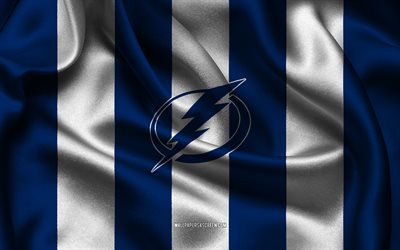 4k, tampa bay lightninglogo, tela de seda blanca azul, equipo de hockey estadounidense, tampa bay lightning emblema, nhl, tampa bay lightning, eeuu, hockey, bandera de lightning de tampa bay