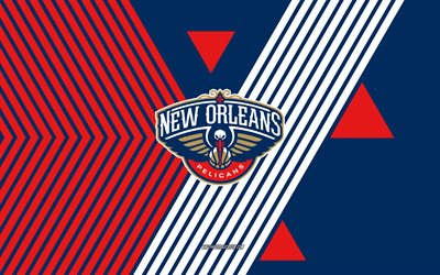 new orleans pelicans logo, 4k, amerikanisches basketballteam, hintergrund der roten blauen linien, new orleans pelicans, nba, usa, linienkunst, new orleans pelicans emblem, basketball