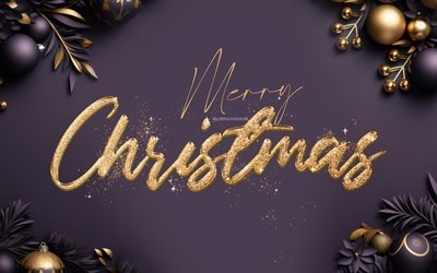feliz natal, 4k, violet xmas backround, decorações de natal, bolas de natal, natal