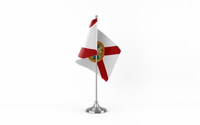 4k, bandera de mesa de florida, fondo blanco, bandera de florida, bandera de florida en metal stick, banderas de los estados americanos, florida, eeuu