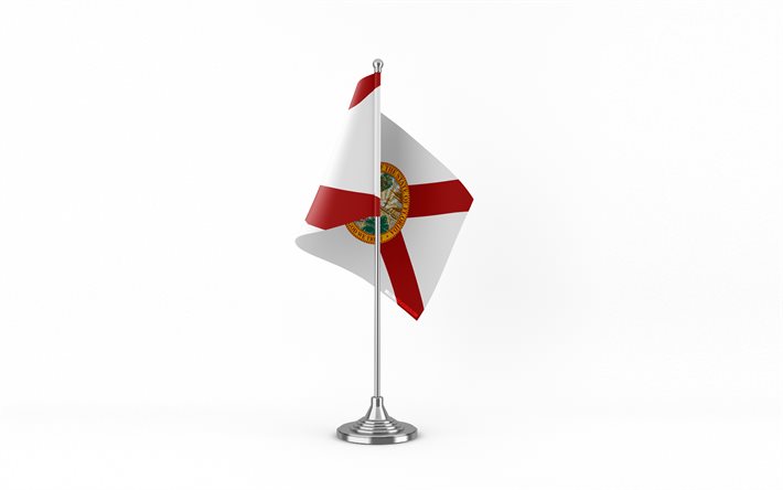 4k, florida masa bayrağı, beyaz arkaplan, florida bayrağı, florida'nın masa bayrağı, metal çubuk üzerinde florida bayrağı, amerikan devletleri bayrakları, florida, amerika birleşik devletleri