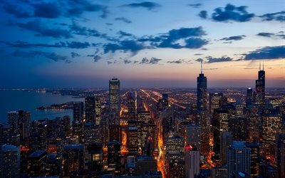 chicago, soirée, grattes ciels, centres d'affaires, chicago panorama, paysage urbain de chicago, illinois, etats unis