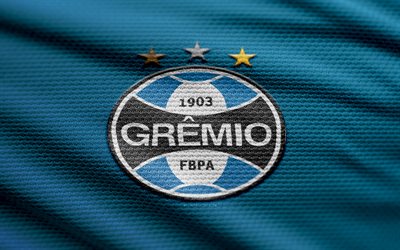 Gremio fabric logo, 4k, blue fabric background, Brazilian Serie A, bokeh, soccer, Gremio logo, football, Gremio emblem, Gremio, Brazilian football club, Gremio FC
