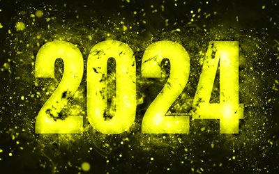 4k, feliz ano novo 2024, luzes de neon amarelo, 2024 conceitos, 2024 feliz ano novo, arte de neon, criativo, 2024 fundo amarelo, 2024 anos, 2024 dígitos amarelos