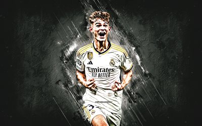 Nico Paz, Real Madrid, Argentine football player, white stone background, La Liga, Spain, football