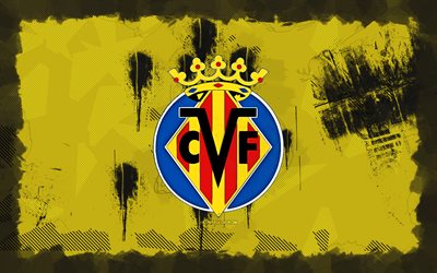 Villarreal grunge logo, 4k, LaLiga, yellow grunge background, soccer, Villarreal emblem, football, Villarreal logo, Villarreal CF, spanish football club, Villarreal FC