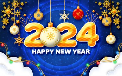 4k, 2024 feliz ano novo, resumo 3d dígitos, 2024 fundo azul, 2024 conceitos, bolas de natal golden, 2024 dígitos de ouro, decorações de natal, feliz ano novo 2024, criativo, 2024 anos, feliz natal