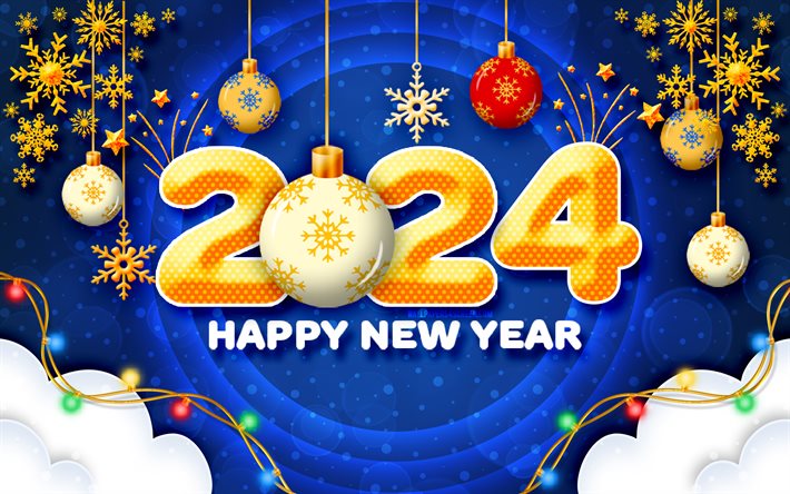 4k, 2024 gott nytt år, abstrakt 3d  siffror, 2024 blå bakgrund, 2024 koncept, golden xmas balls, 2024 gyllene siffror, juldekorationer, gott nytt år 2024, kreativ, 2024 år, god jul