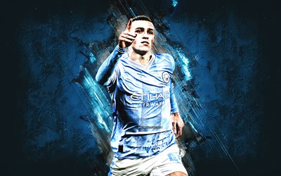 Phil Foden, Manchester City FC, English football player, midfielder, blue stone background, Premier League, England, football