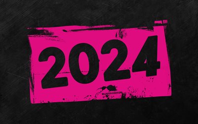 4k, 2024 새해 복 많이 받으세요, 자주색 그런지 숫자, 회색 돌 배경, 2024 개념, 2024 초록 숫자, 2024 년 새해 복 많이 받으세요, 그런지 예술, 2024 자주색 배경, 2024 년