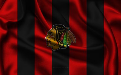4k, logotipo de chicago blackhawks, tela de seda negra roja, equipo de hockey estadounidense, emblema de chicago blackhawks, nhl, chicago blackhawks, eeuu, hockey, bandera de blackhawks de chicago