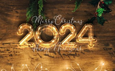 4k, 2024 felice anno nuovo, torce, cifre 3d, 2024 cifre di vetro, scatole regalo, 2024 anni, opera d'arte, 2024 concetti, 2024 cifre 3d, felice anno nuovo 2024, creativo, 2024 sfondo di legno