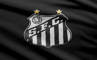 Santos FC fabric logo, 4k, black fabric background, Brazilian Serie A, bokeh, soccer, Santos FC logo, football, Santos FC emblem, SFC, Brazilian football club, Santos FC