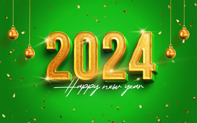 4k, 2024 Happy New Year, golden 3D digits, 2024 green background, 2024 concepts, golden xmas balls, 2024 golden digits, xmas decorations, Happy New Year 2024, creative, 2024 year, Merry Christmas