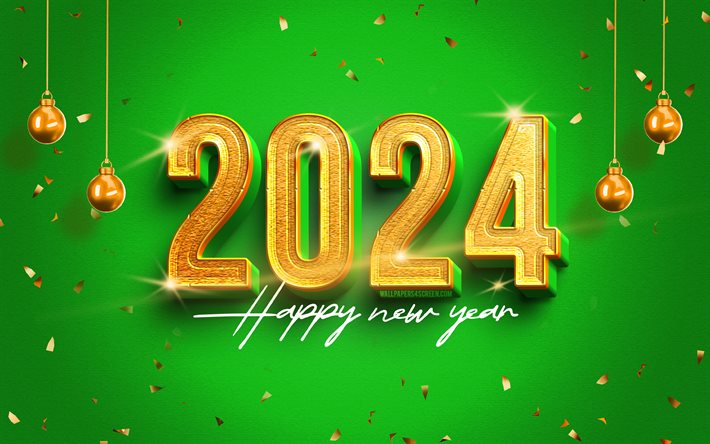 4k, 2024年明けましておめでとうございます, ゴールデン3d桁, 2024緑の背景, 2024概念, ゴールデンクリスマスボール, 2024黄金桁, クリスマスの装飾, 幸せな新年2024年, クリエイティブ, 2024年, メリークリスマス