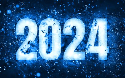 frohes neues jahr 2024, 4k, blaue neonlichter, 2024 konzepte, 2024 frohes neues jahr, neonkunst, kreativ, 2024 blauer hintergrund, 2024 jahr, 2024 blaue ziffern
