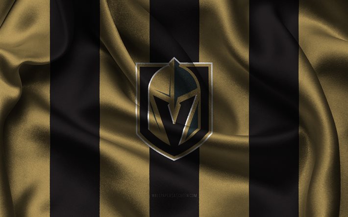 4k, Vegas Golden Knights logo, black gold silk fabric, American hockey team, Vegas Golden Knights emblem, NHL, Vegas Golden Knights, USA, hockey, Vegas Golden Knights flag