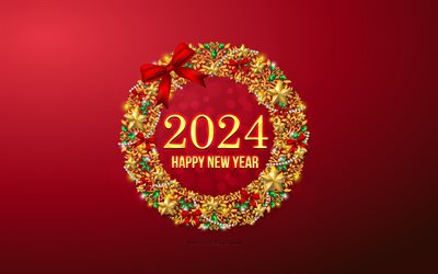 4k, feliz año nuevo 2024, fondo de navidad rojo, corona de navidad, 2024 feliz año nuevo, 2024 tarjeta de felicitación, 2024 conceptos, 2024 arte