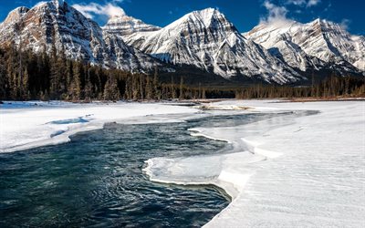 सर्दियों में, Jasper राष्ट्रीय उद्यान, पहाड़ों, बर्फ, नदी, अलबर्टा, कनाडा