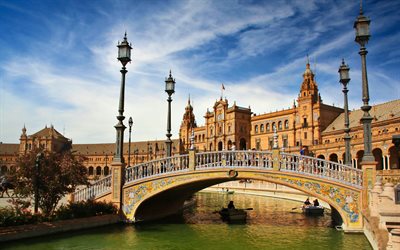 köprü, nehir, tekneler, Seville, Plaza de Espana, Endülüs, İspanya