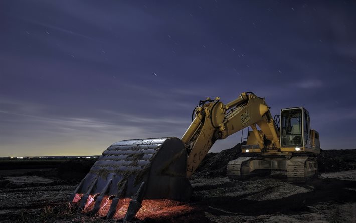 excavator, construction equipment, night, building