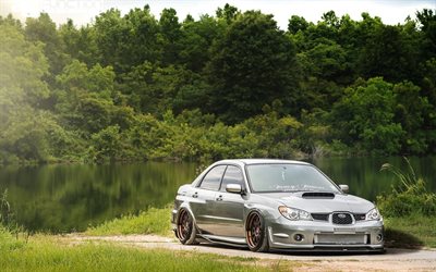 Subaru Impreza WRX STI, stance, tuning, lake, offroad, gray Impreza, Subaru