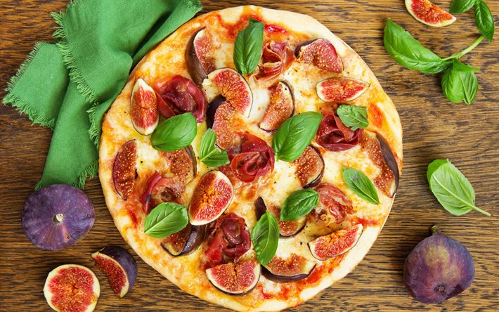 pizza with figs, meat, pizza, fast food