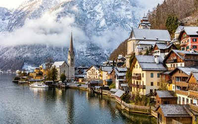 montagne, lac, village, Hallstatt, en Autriche, le Lac de Hallstatt, Alpes