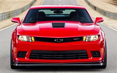 supercars, 2016, Chevrolet Camaro ZL1, red Camaro, front view, coupe