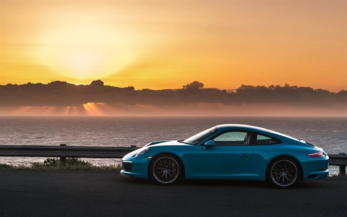 sportcars, coupé, 2016, la Porsche 911 Carrera S, la route, coucher de soleil, bleu Porsche