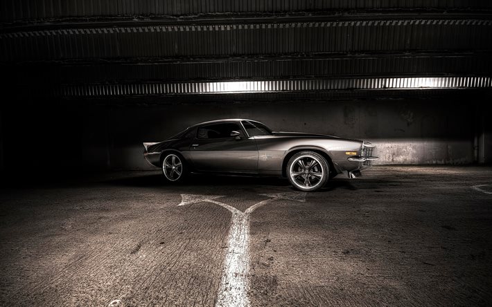 parkering, muskelbilar, 1969, chevrolet camaro ss, grå camaro, retrobilar