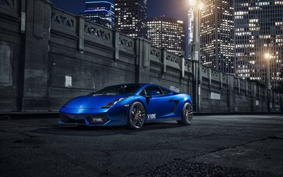 supercars, la optimización, el Lamborghini Gallardo LP560-4, ciudad por la noche, azul Gallardo