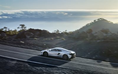 McLaren 570GT, 2017, silver McLaren, sports car, mountain serpentine, road
