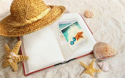 viagens, chapéu, areia, praia, mar, férias, férias de verão