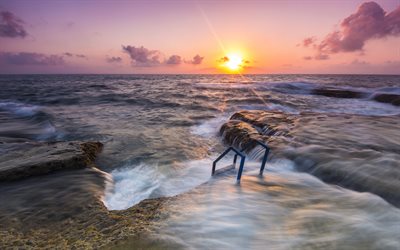 Mediterráneo, el mar, las olas, la puesta del sol, costa, verano, Alicante, España